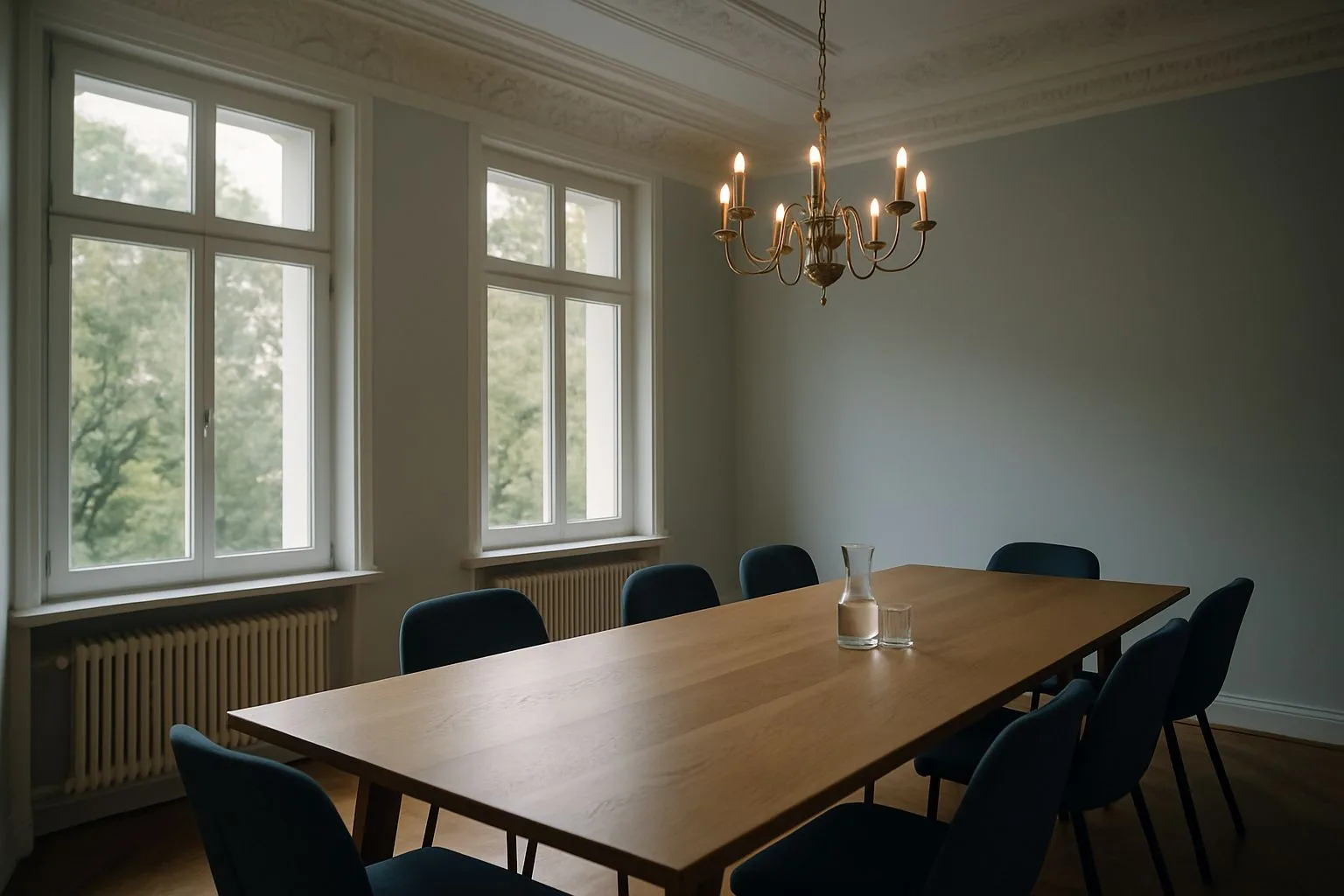 Heller Besprechungsraum im Münchner Altbau mit langem Eichentisch und hohen Fenstern