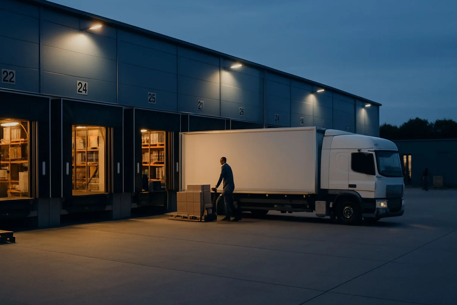 Logistiklager in der Dämmerung, ein Lkw wird an der Laderampe beladen