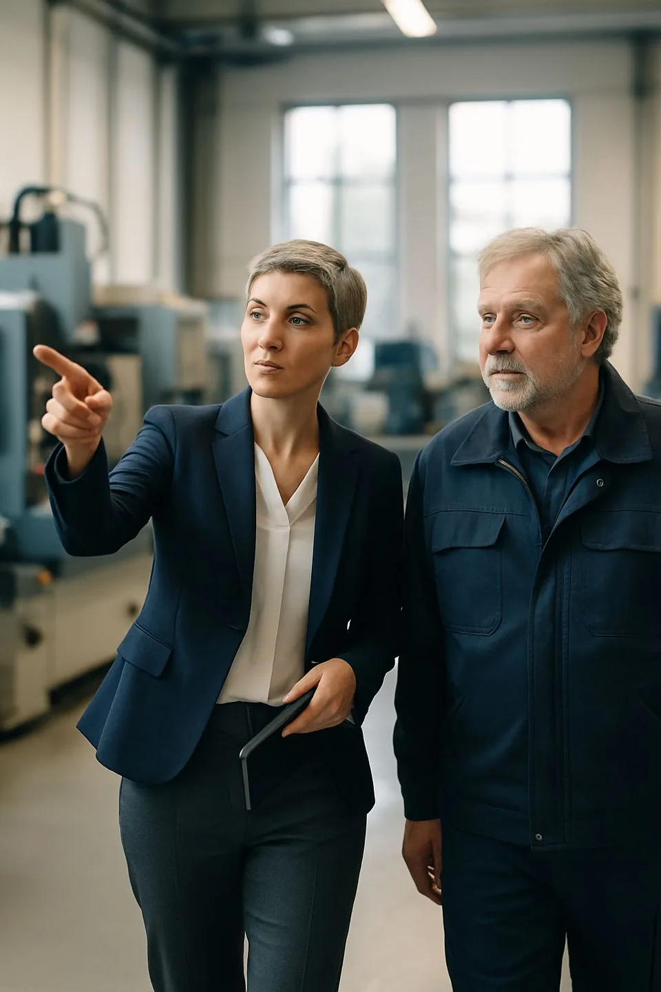 Beraterin und Firmeninhaber gehen im Gespräch durch eine helle Produktionshalle