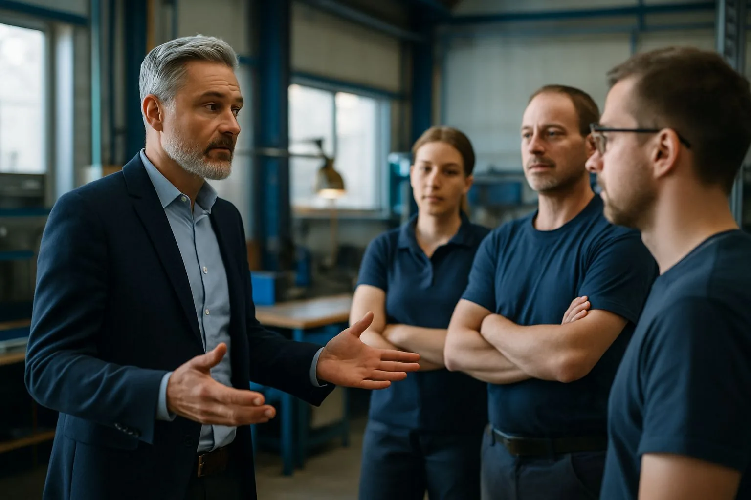 Interimsmanager erklärt einem kleinen Team in der Werkstatt die nächsten Schritte