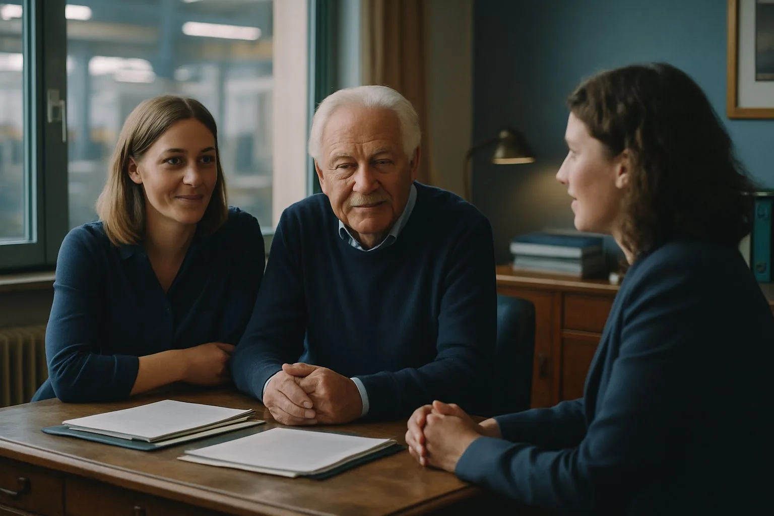 Firmengründer und Tochter im Gespräch mit einer Beraterin am alten Schreibtisch