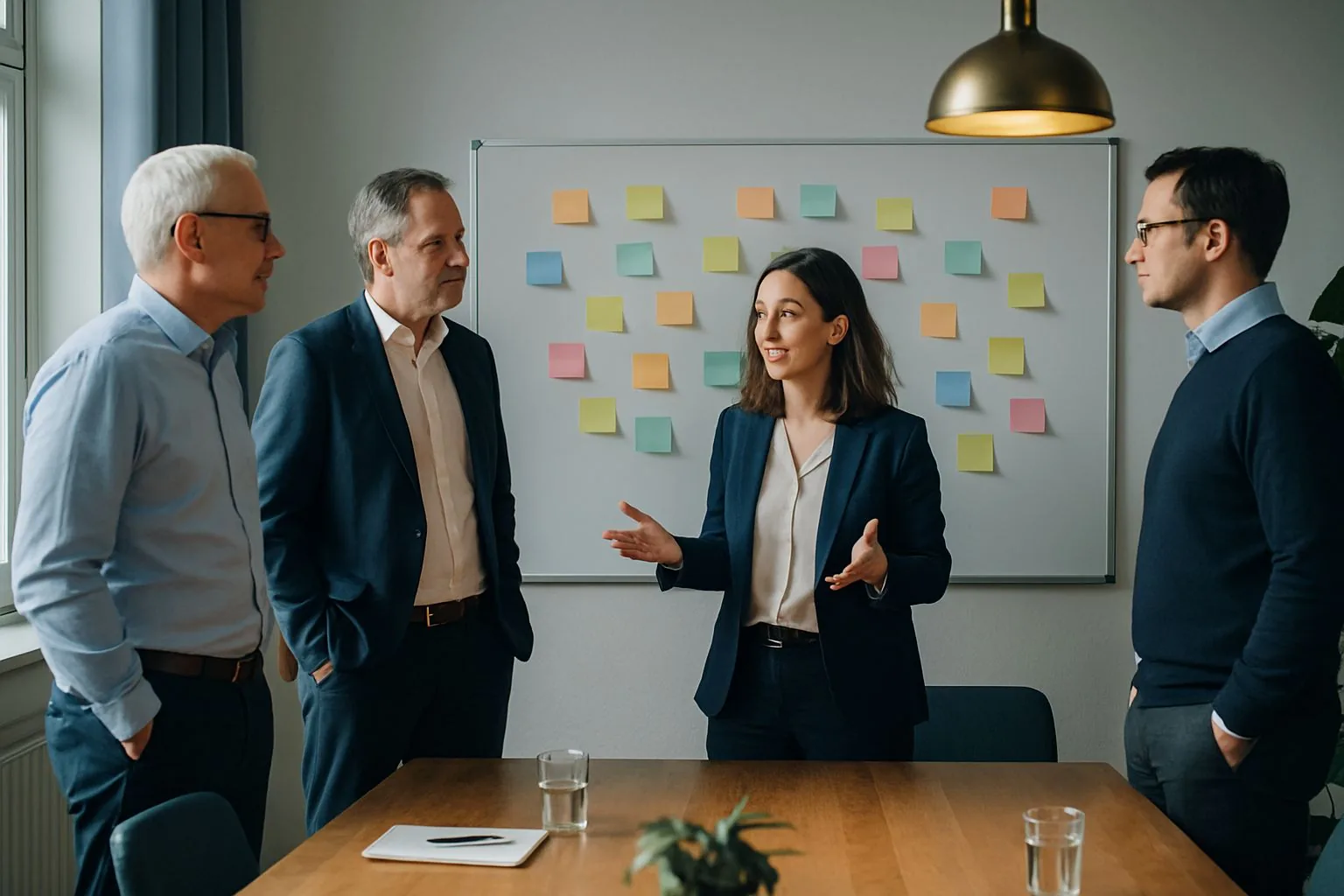 Geschäftsführung eines Mittelständlers im Strategie-Workshop an einer Wand mit Haftnotizen