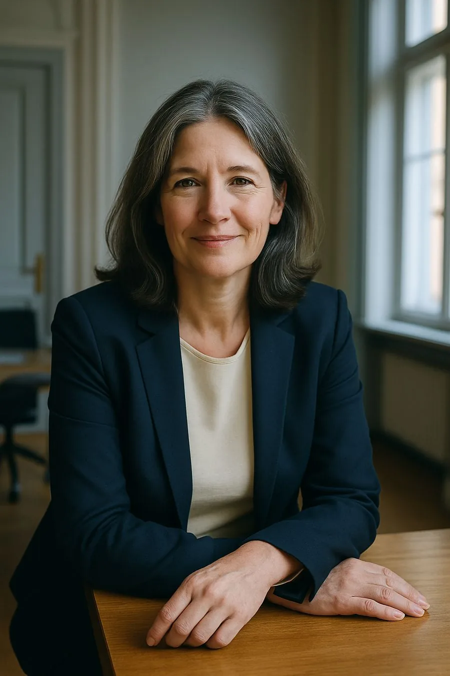 Porträt von Claudia Thalheim, an einen Holztisch gelehnt