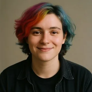 Portrait einer jungen Person Mitte 20 mit bunt gefärbten Haaren und kleinem Nasenpiercing, freundlicher Blick in die Kamera