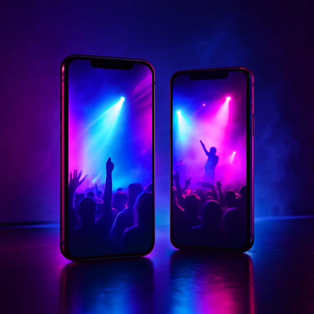 Zwei Smartphones vor dunkler Wand, auf den Displays leuchtende Konzert-Standbilder in Neonviolett, Magenta und Cyan, farbige Reflexe auf dem Boden