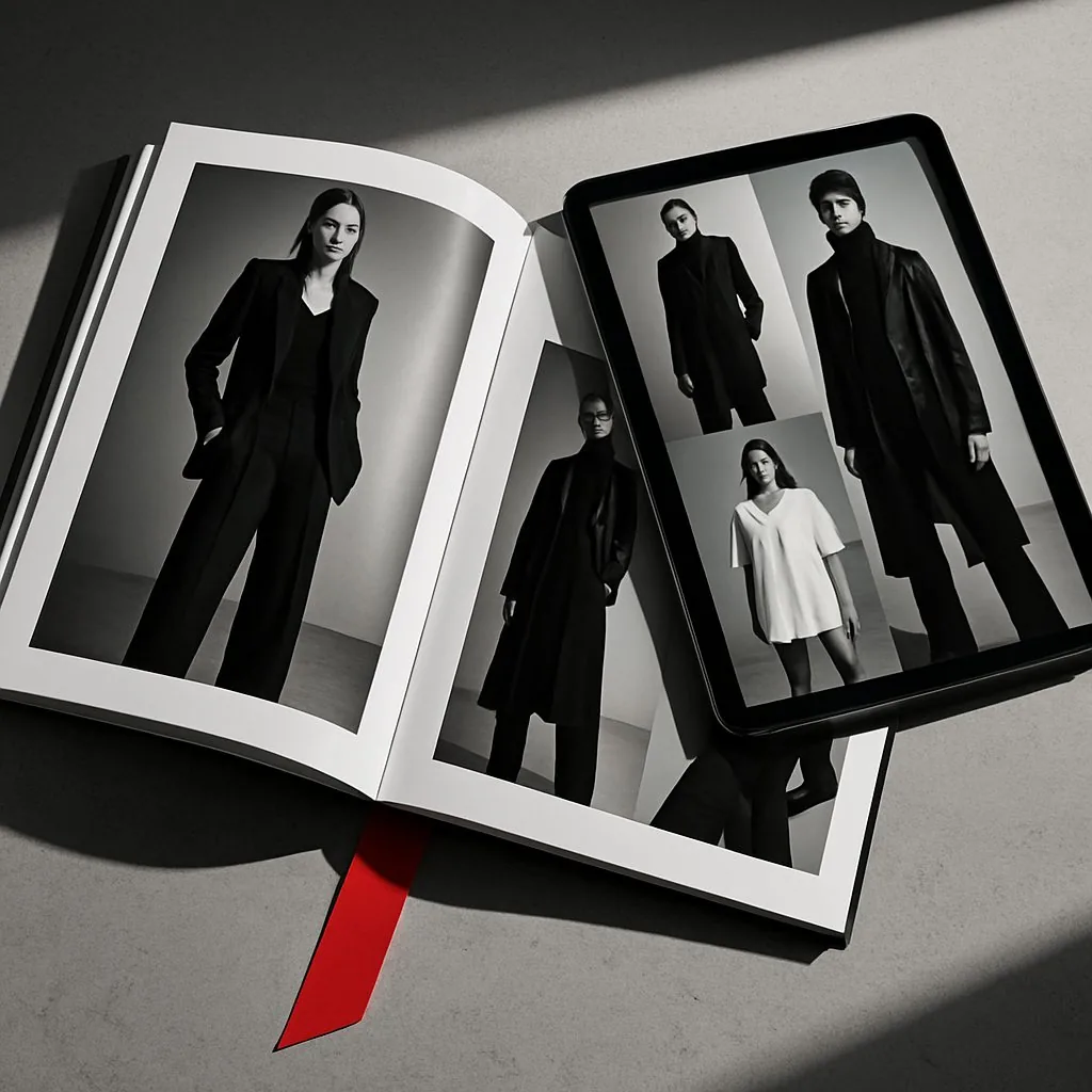 Aufgeschlagenes Lookbook mit Schwarzweiss-Modefotografie auf einem Betontisch, daneben ein Tablet mit derselben Bildstrecke und ein rotes Lesezeichen als einziger Farbakzent