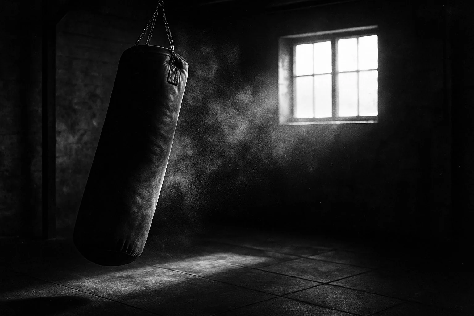 Schwerer Boxsack im Gegenlicht