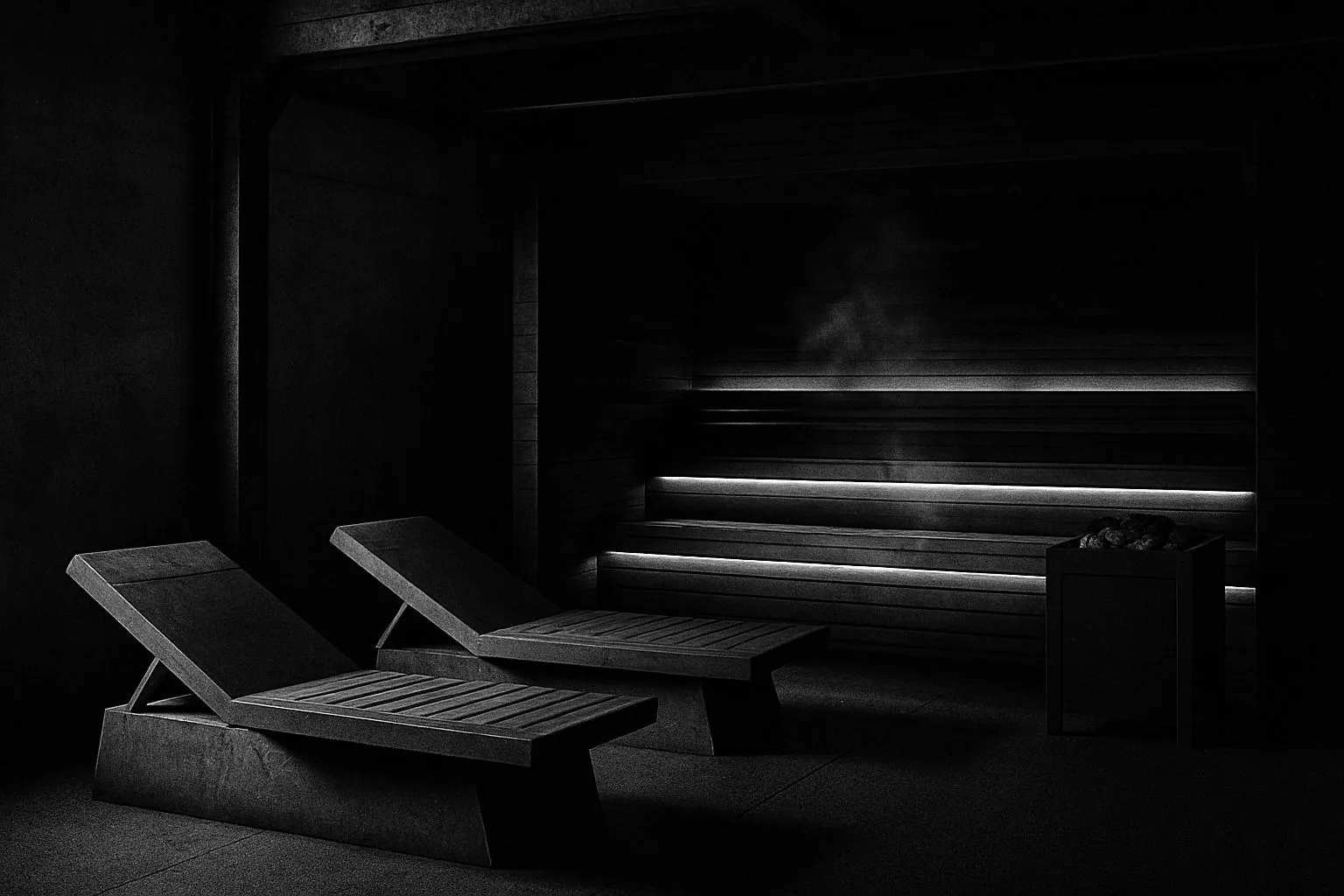Sauna mit dunklem Holz und Ruhebereich