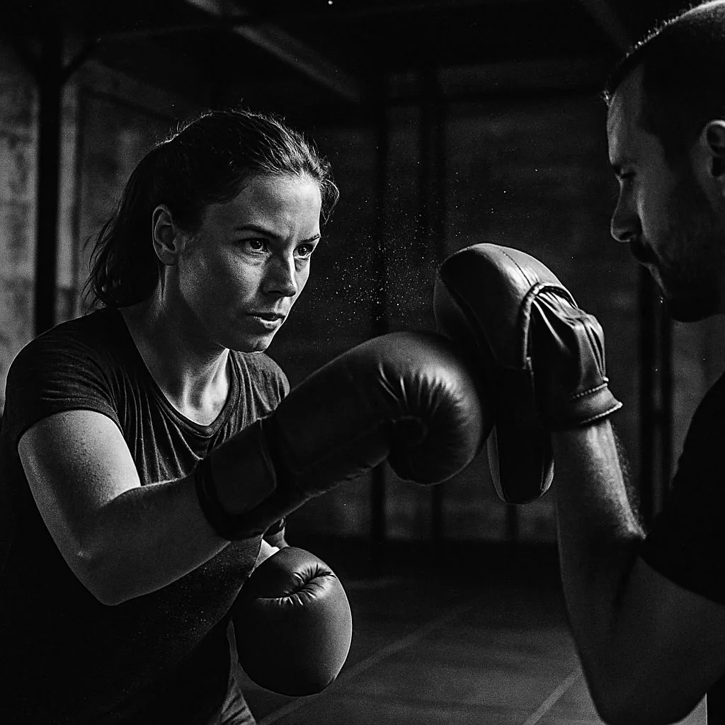Frau mit Boxhandschuhen schlägt eine gerade Linke auf Pratzen, die ein Trainer hält