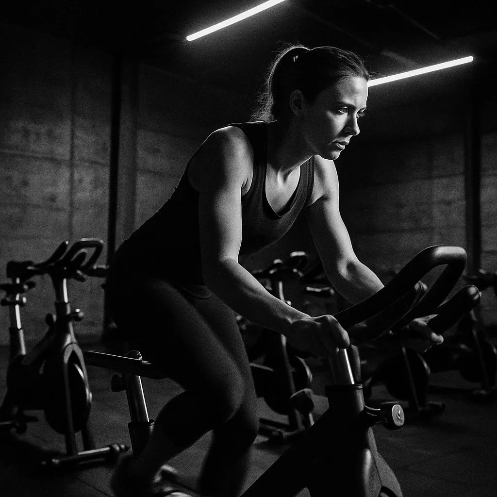 Frau im Wiegetritt auf einem Indoor-Bike, Reihe weiterer Bikes im dunklen Kursraum