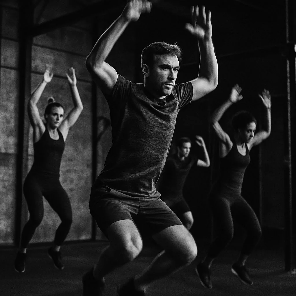 Gruppe bei Strecksprüngen im HIIT-Kurs, leichte Bewegungsunschärfe