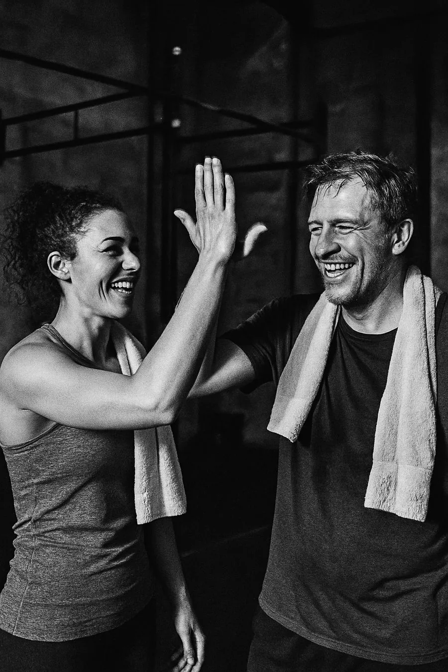 Trainerin und neues Mitglied geben sich nach dem Training lachend ein High-Five, schwarz-weiß