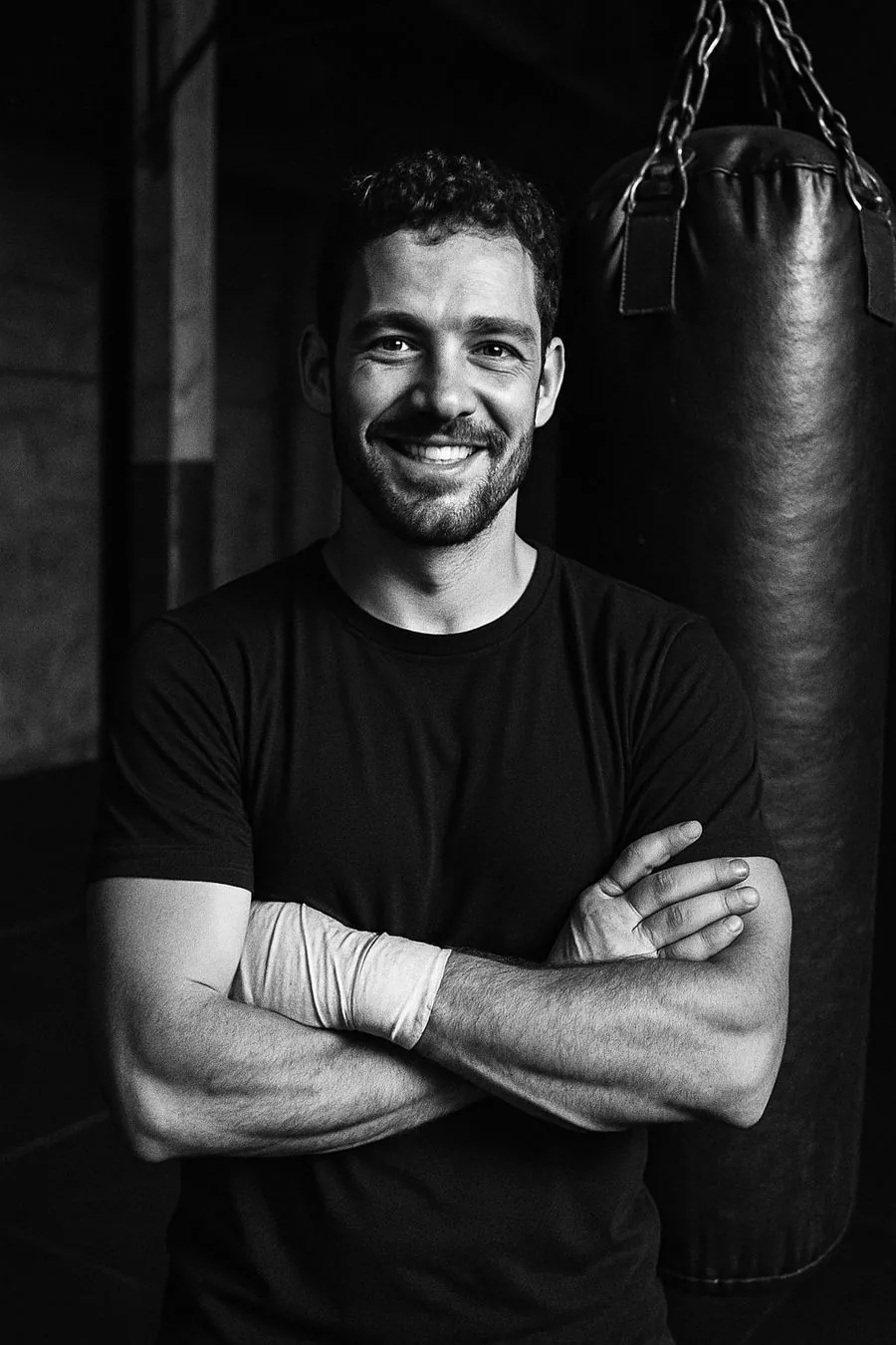 Porträt von Coach Deniz mit Boxbandagen vor einem Boxsack