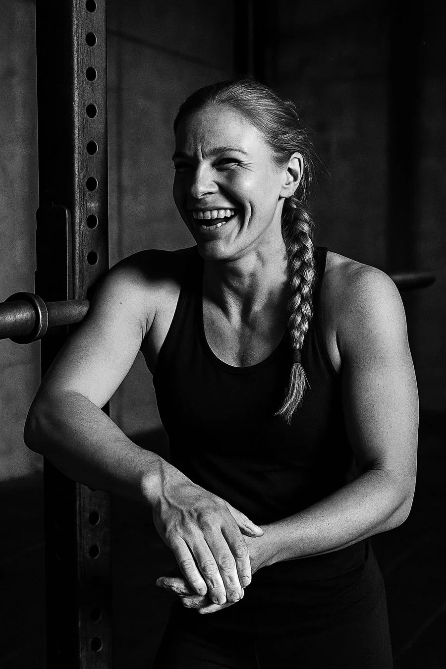 Porträt von Coach Jana mit Kreide an den Händen am Hantelrack