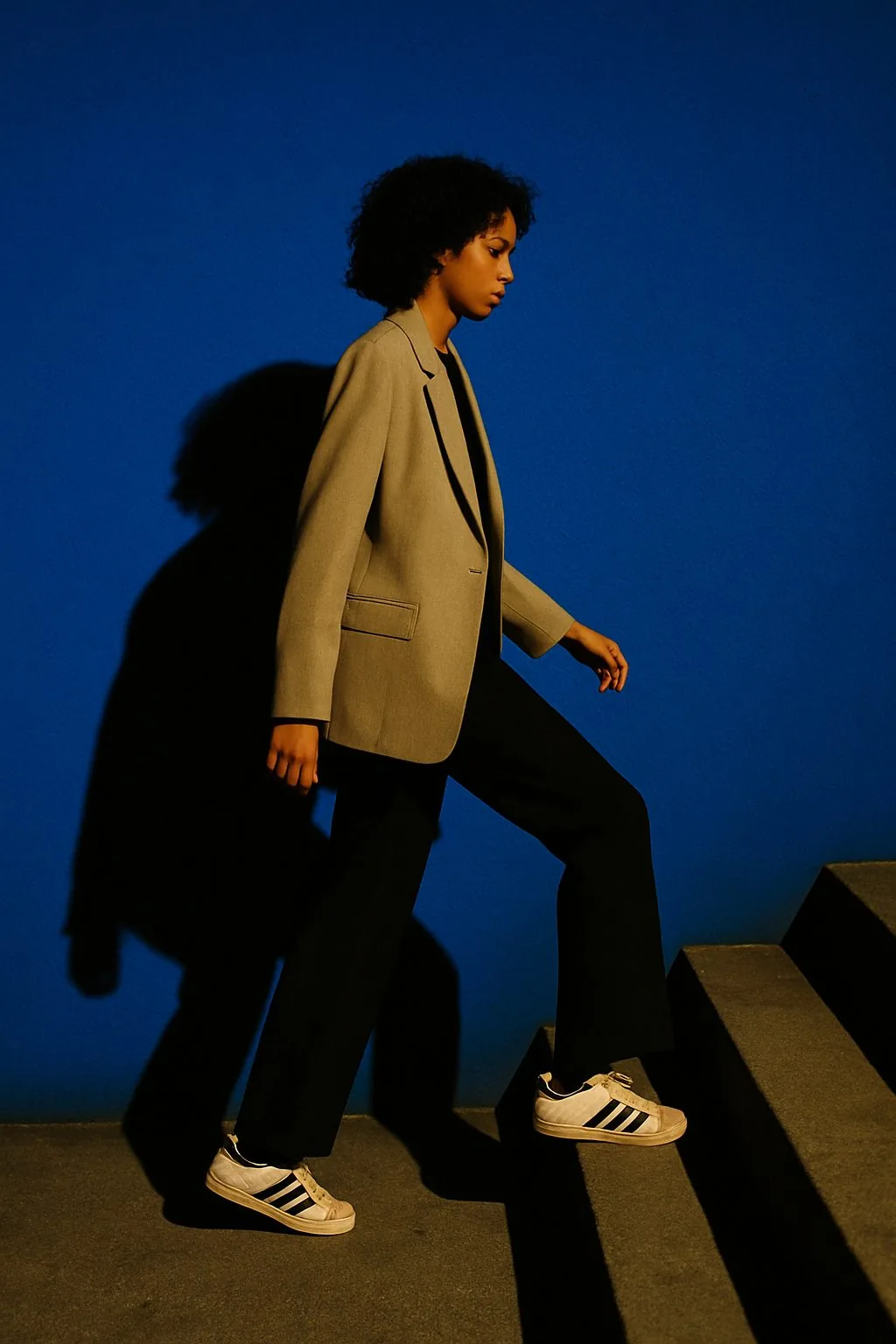 Person in Bewegung auf einer Treppe vor kobaltblauer Wand, hartes Licht, langer Schlagschatten