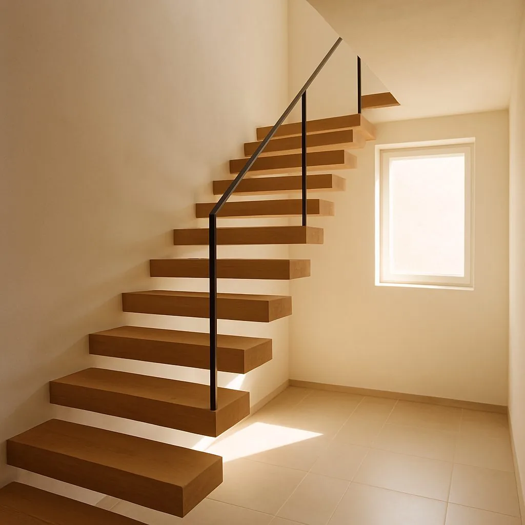 Freitragende Massivholztreppe mit schlankem Stahlgeländer in einem hellen Treppenhaus, warmes Tageslicht, Architekturfotografie