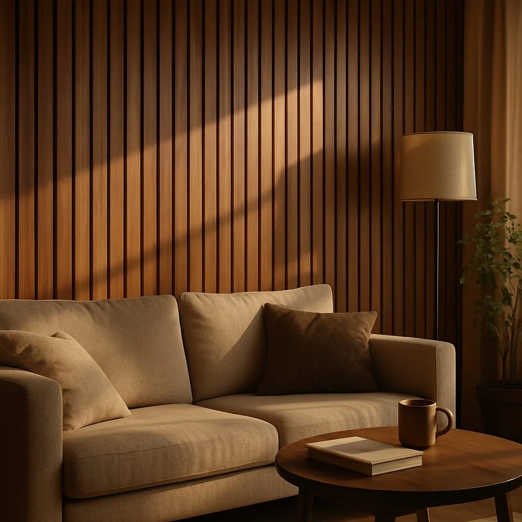 Wandverkleidung aus Nussbaumholz-Lamellen in einem Wohnzimmer, warmes Streiflicht, gemütliche Wohnatmosphäre, dokumentarischer Stil