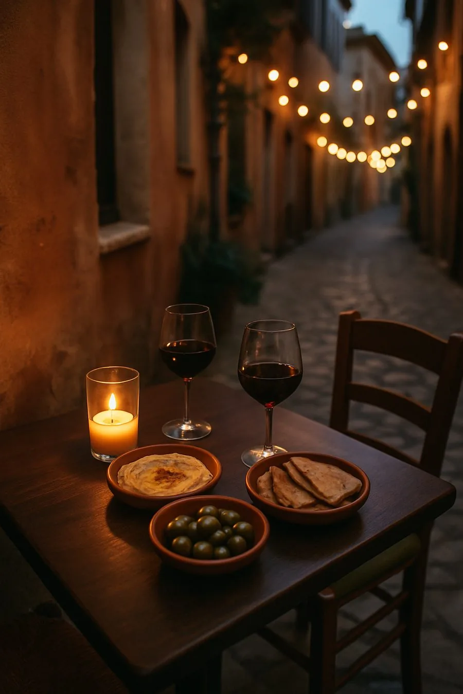 Gedeckter Zweiertisch mit Kerze und Rotwein