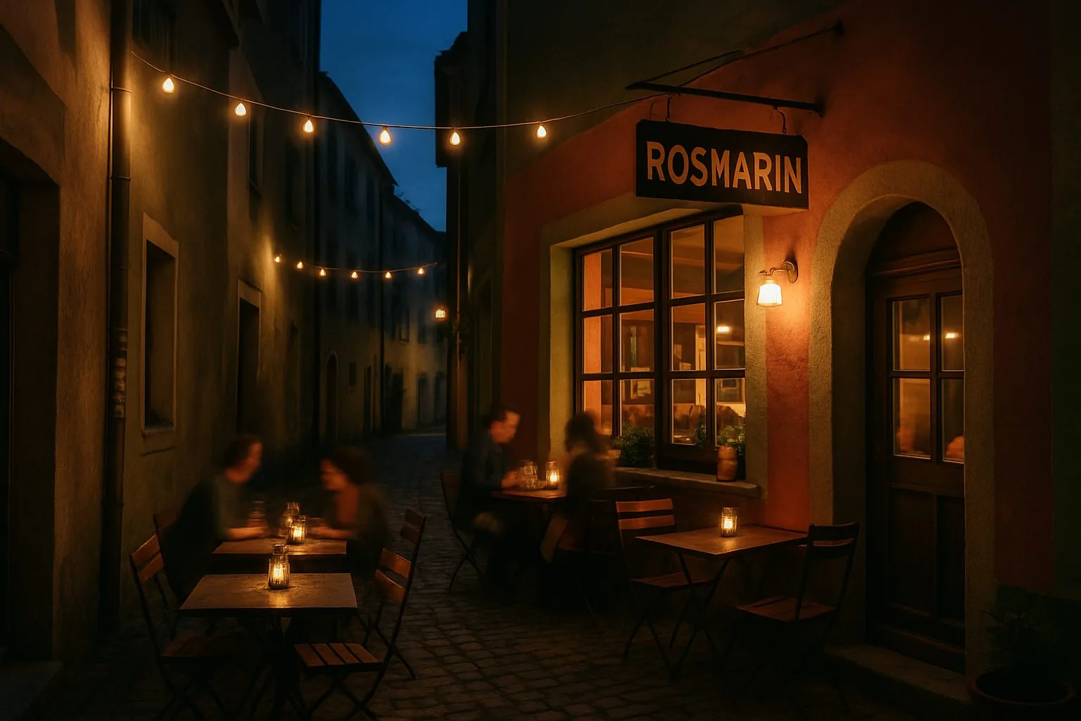 Das Bistro in einer Altstadtgasse zur blauen Stunde, warmes Licht aus den Fenstern, Tische mit Kerzen vor der Tür