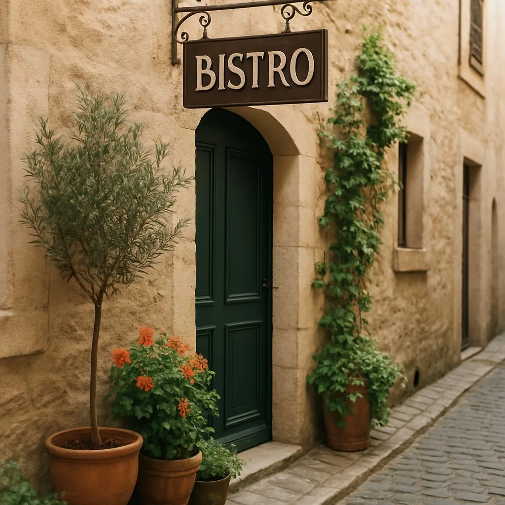 Eingang des Bistros mit Schild und Pflanzen