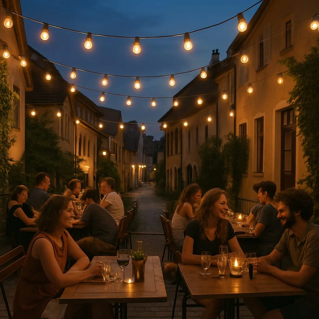 Terrasse mit Gästen an einem Sommerabend