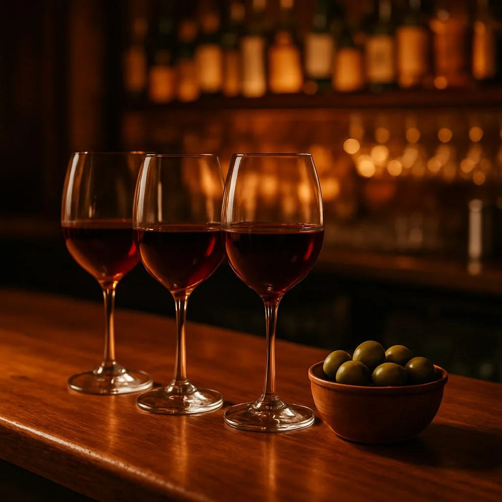 Bar-Theke mit Weingläsern und einer Olivenschale