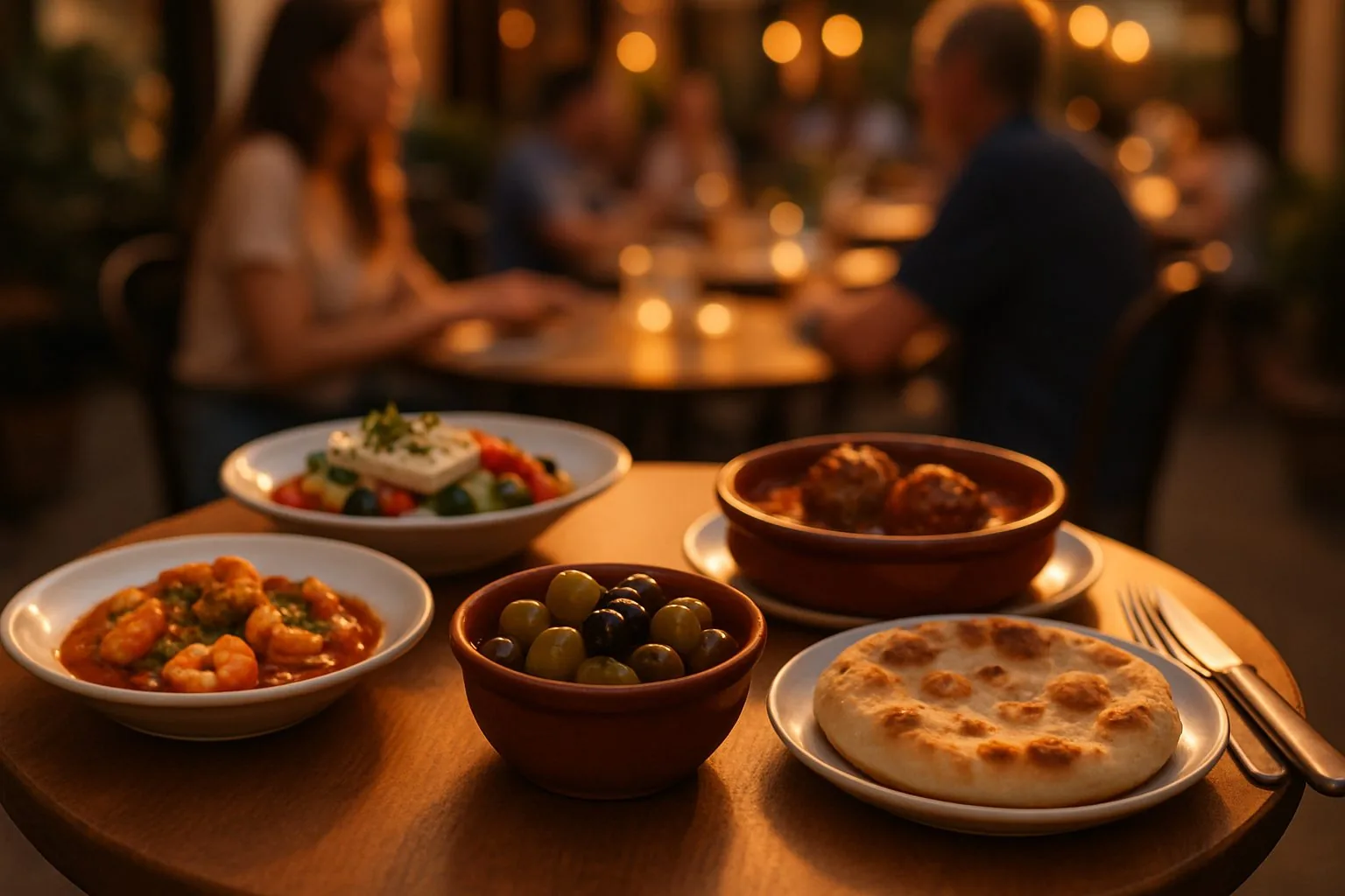 Gedeckter Bistrotisch mit mediterranen Gerichten, Oliven und Fladenbrot im warmen Abendlicht, im Hintergrund unscharf Gäste